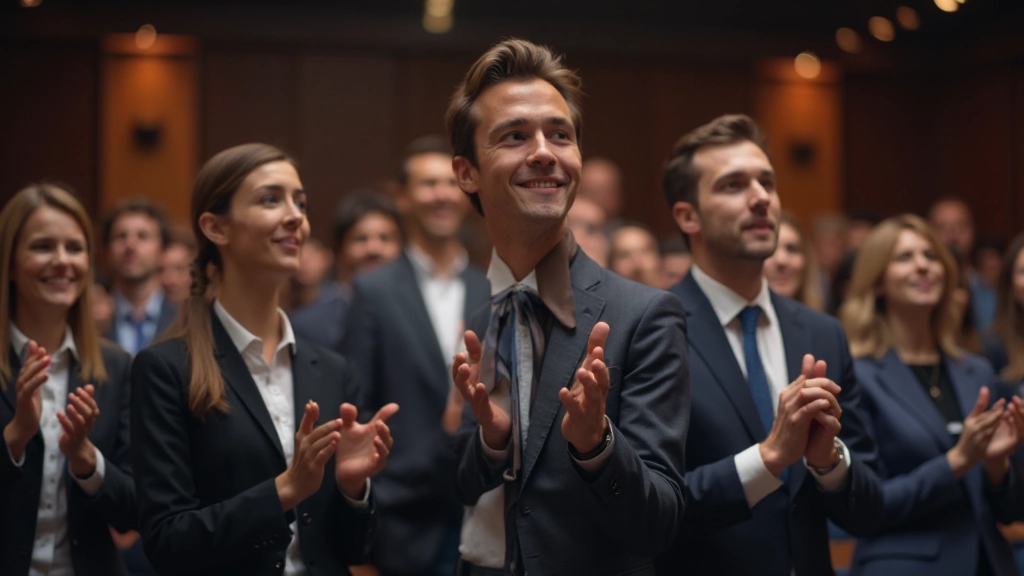 Группа людей, аплодирующих успешному оратору после вдохновляющего выступления