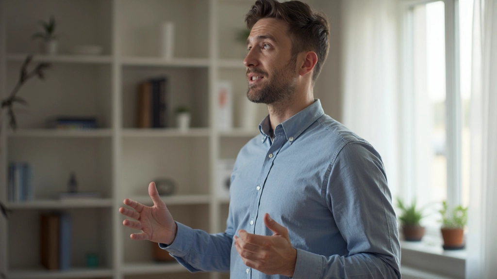 Молодой человек, практикующий публичное выступление перед зеркалом в домашней обстановке