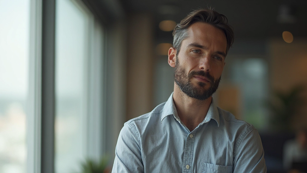 Человек в момент спокойного размышления, сидящий в удобной позе в светлом офисном пространстве с мягким естественным освещением