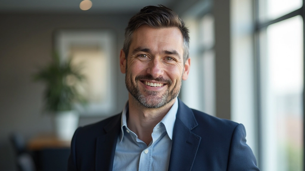 Человек с ноутбуком в позе уверенности, улыбающийся в профессиональной обстановке, демонстрирующий успешное применение навыков