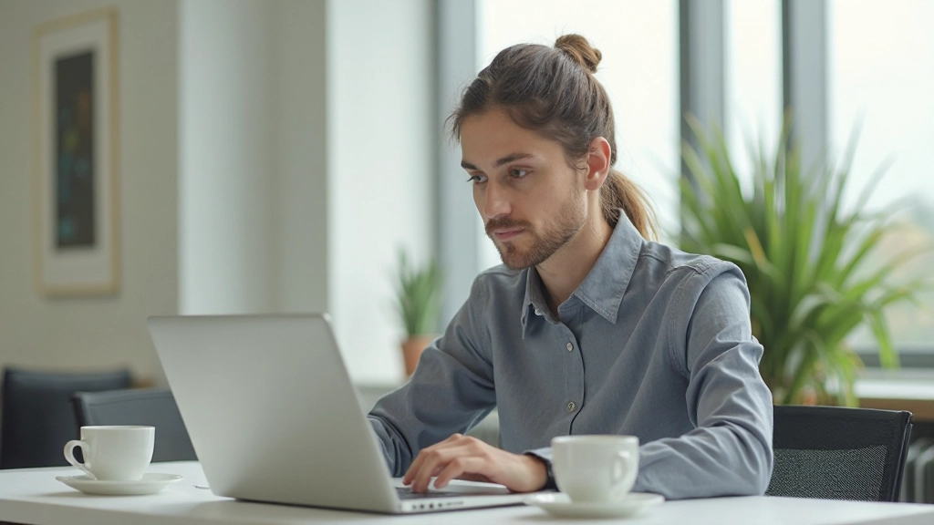 Рабочее место человека с ноутбуком, стаканом горячего напитка и растением, создающее атмосферу продуктивности и уюта