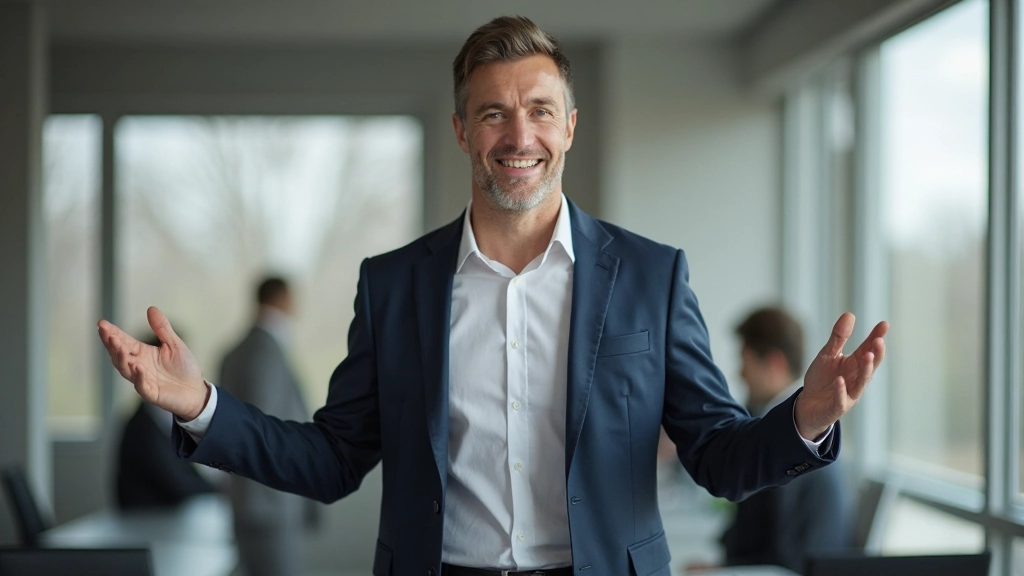 Инструктор по коммуникации, демонстрирующий правильную осанку и язык тела для публичного выступления