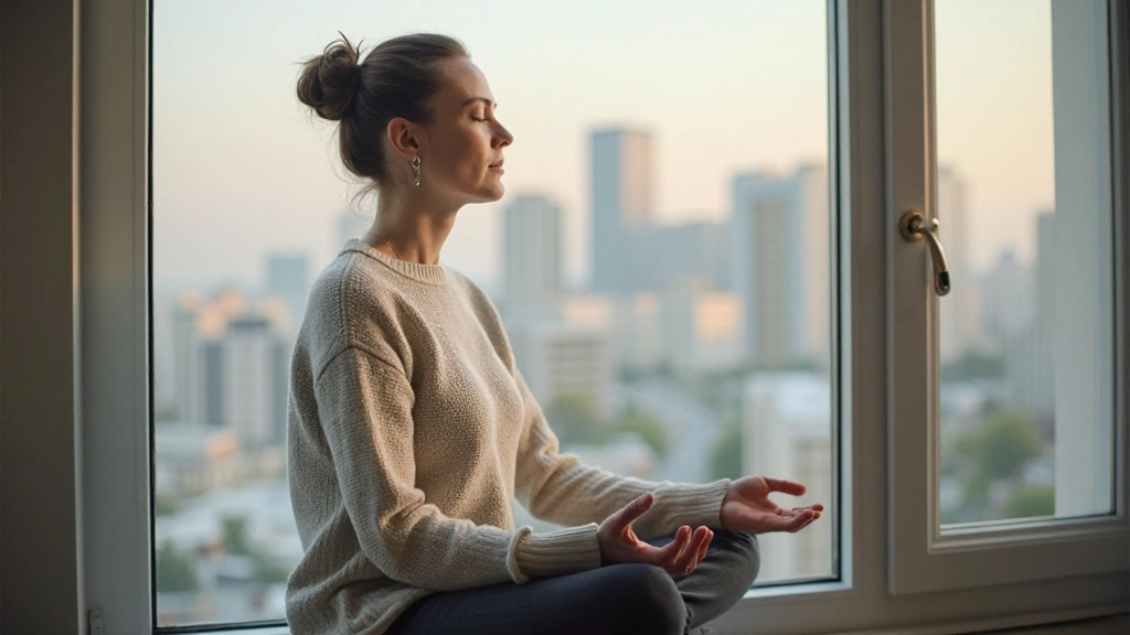Женщина, медитирующая у окна с видом на город, спокойное утро, естественный свет