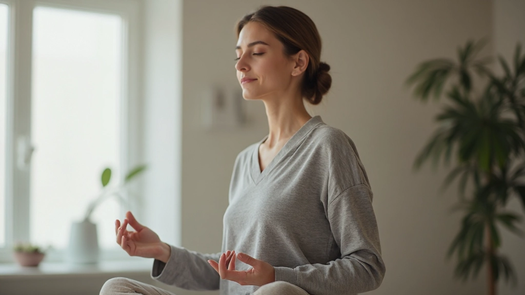 Женщина в позе медитации с закрытыми глазами, спокойное выражение лица, естественное освещение в светлой комнате